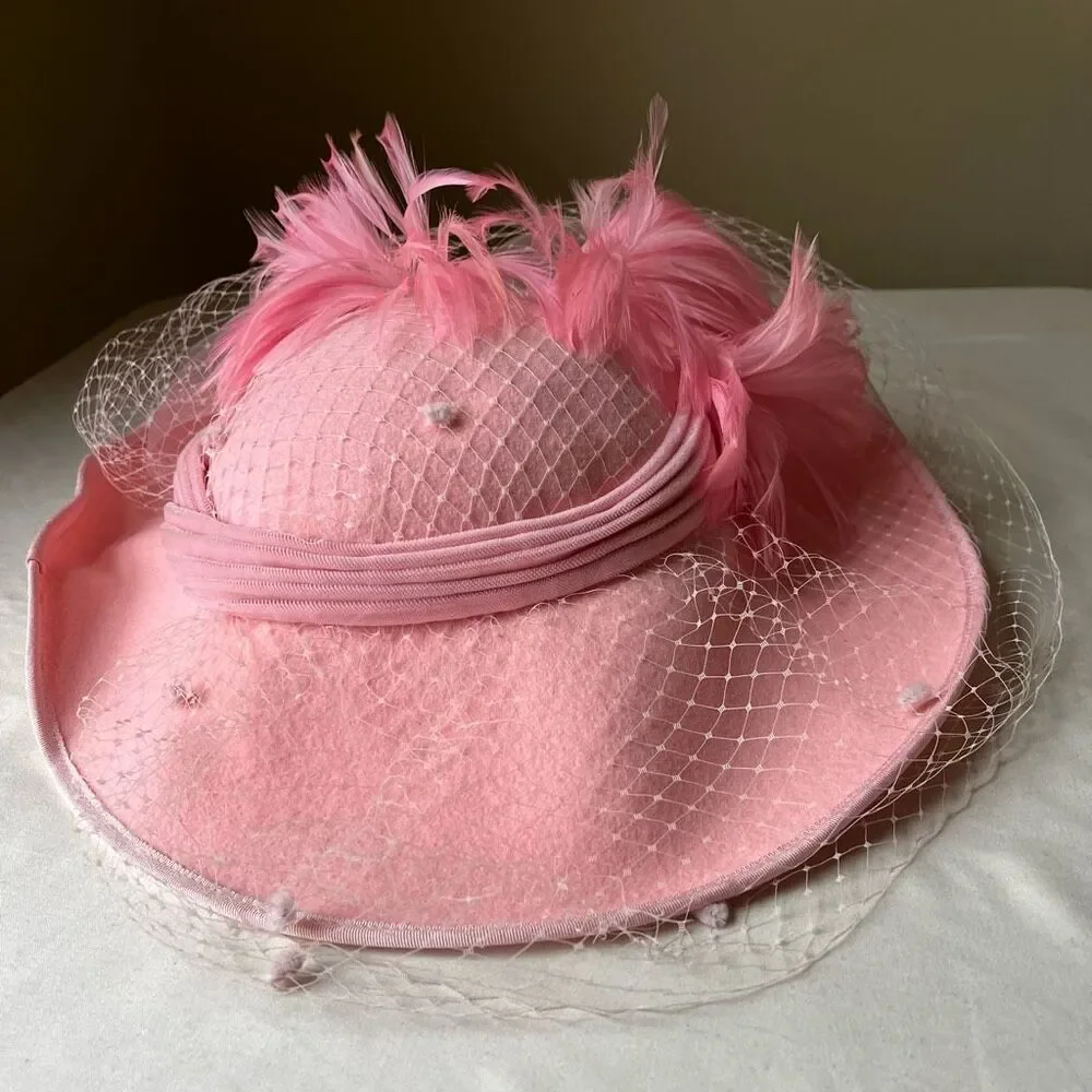 Vintage Pink Feathered Veiled Pillbox Hat - Picture 4 of 10